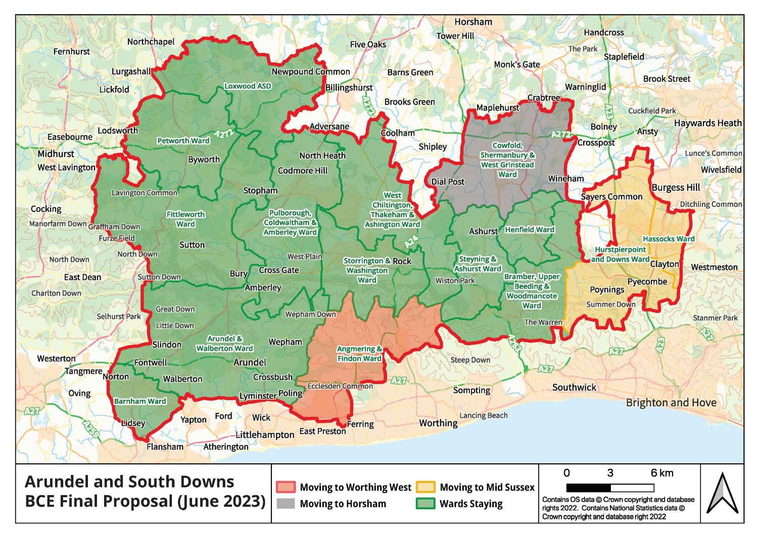 Map of Arundel and South Downs 2019 Borders vs Final Boundary Changes, showing which areas are staying in Arundel and South Downs and which are going to different constituencies.