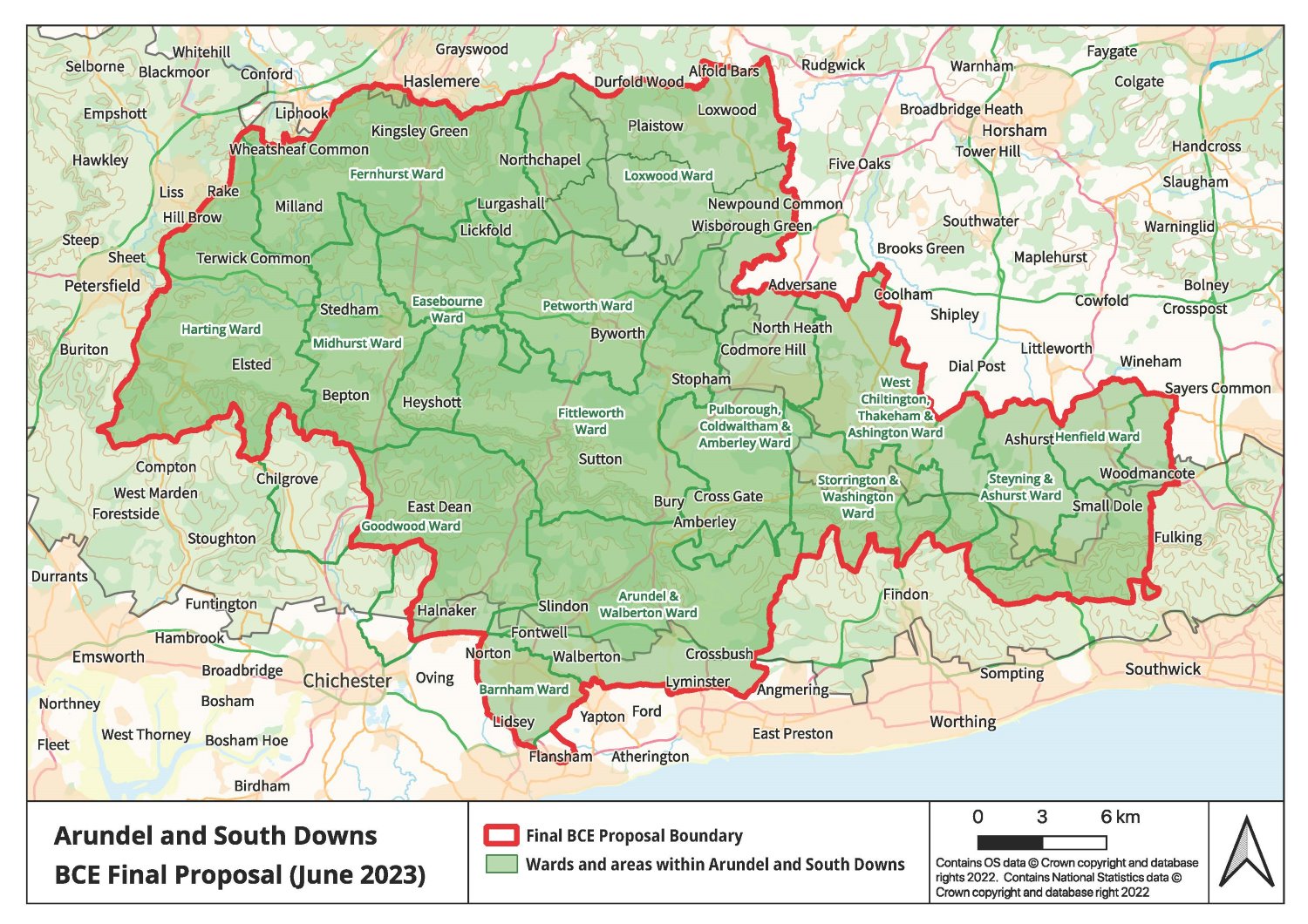 Map showing wards within the new Arundel and South Downs constituency shaded in green with a red outline for the overall borders of the constituency.